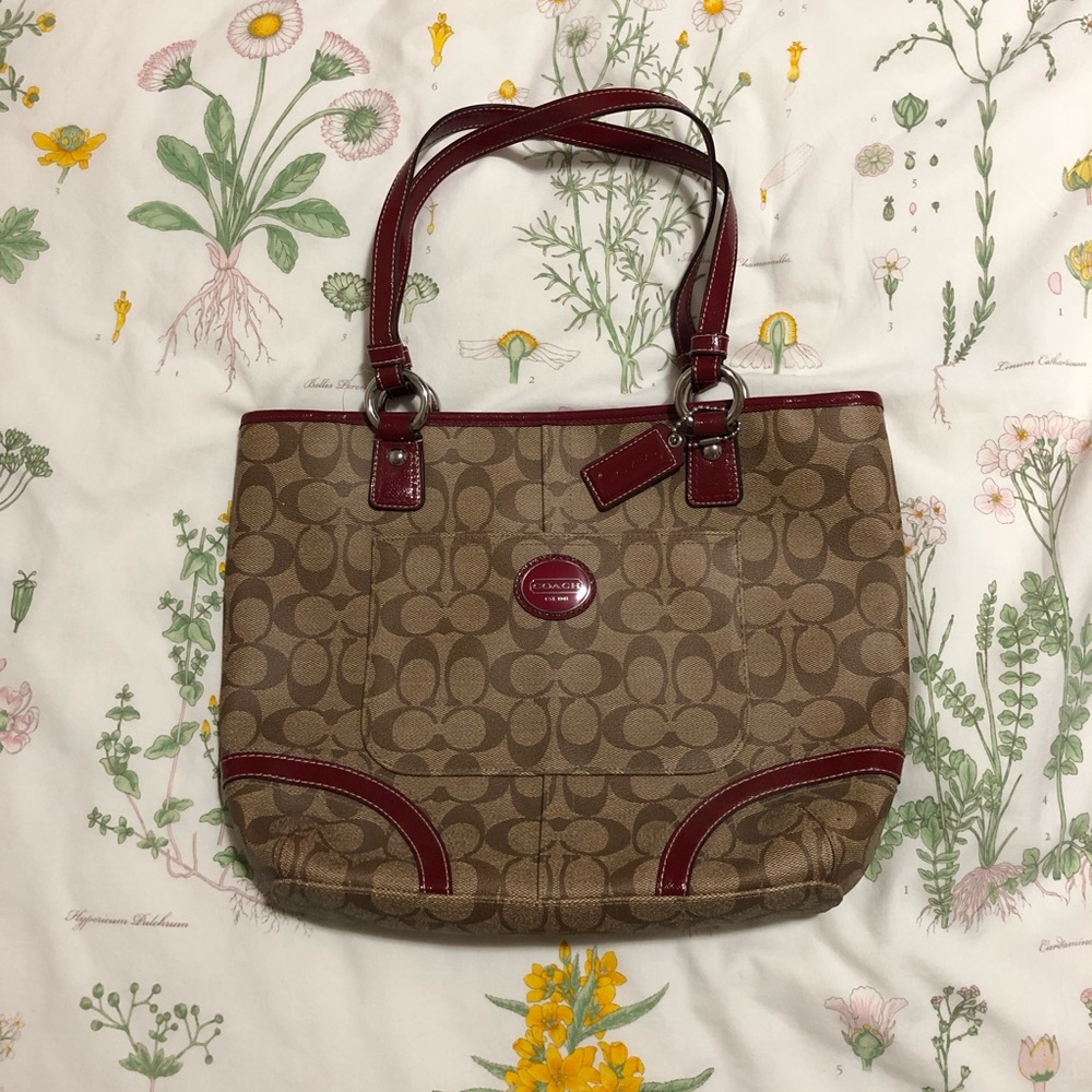 NWT Coach Khaki Crimson Peyton Tote Shoulder Bag Purse